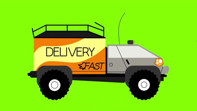 Driving delivery car on a green screen. Fast-getting service on the alpha channel. Flat truck in motion. Stock 4k animation. Videos for advertising, presentations, apps, online store.
