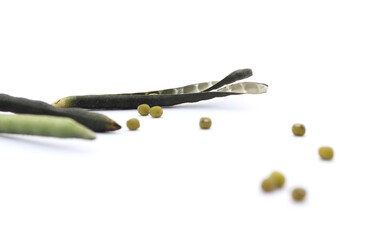 Mung beans and  pods isolated on white background