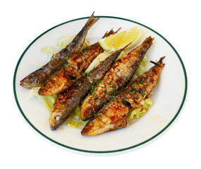 Beer snack - fried sardines with lemon and parsley. Isolated over white background