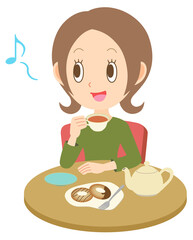 カフェでお茶を飲む若い女性　イートイン