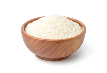 White jasmine rice in wooden bowl isolated on white background. Clipping path.
