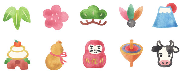 かわいいお正月のアイコン　水彩　セット