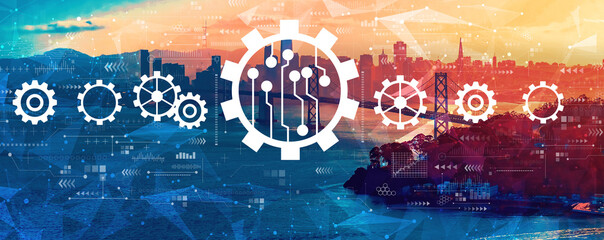 Automation concept with aerial view of the Bay Bridge in San Francisco