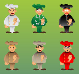 Fat male cartoon chef in uniform showing dislike hand sign. Vector illustration.