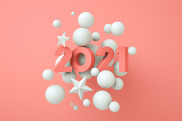 2021 New Year background. Holiday 3d rendering of numbers 2021 and abstract balls. Festive poster or banner design. Party invitation