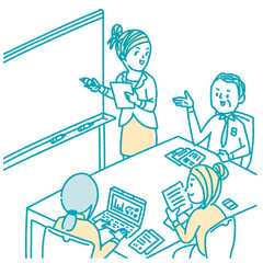  ホワイトボードの前で会議をするビジネスパーソンたち