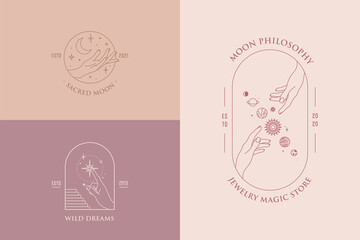Vector hand gestures set of logo design templates in minimal linear style. Planet, moon, stars. Pastel colors.