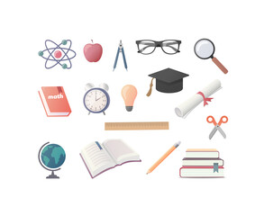 Education elements kit. Flat vector illustration. Isolated on white background.