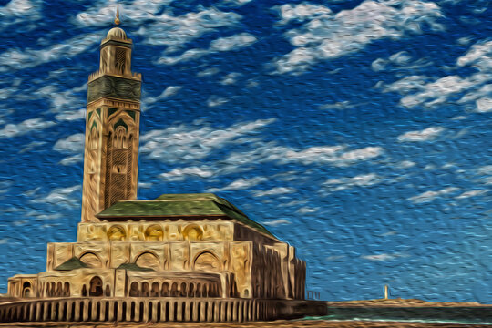 Hassan II mosque with its huge and colorful minaret, beside the sea in Casablanca. Located on the Atlantic coast this city is considered the economic and business center of Morocco. Oil paint filter.