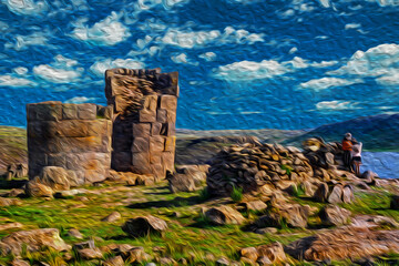Stone ruins at the Sillustani archaeological site, a pre-Incan cemetery on the shores of Lake Umayo near Puno, in the Andean highlands of Peru. Oil paint filter.