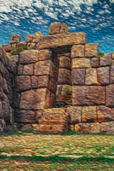 Stone ruins and entrance at the Inca archaeological site of Sacsayhuaman close to Cusco. The ancient capital of the Inca Empire in Peru, that became a major tourist destination. Oil paint filter.