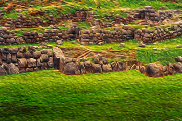 Fototapeta na wymiar Stone ruins and walls at the Inca archaeological site of Sacsayhuaman close to Cusco. The ancient capital of the Inca Empire in Peru, that became a major tourist destination. Oil paint filter.