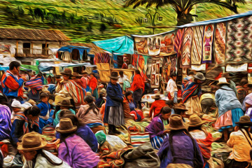 Folkloric market with indigenous people selling colorful souvenirs and typical products in Pisac. A cute countryside village at the Urubamba valley in the Peruvian Andes. Oil paint filter. - obrazy, fototapety, plakaty