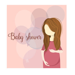 pregnant girl in a pink dress, holding her tummy with her hands. on the background balls, decorations for the baby shower.