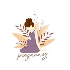 a pregnant girl sits in a lotus position, stroking her tummy in profile. the girl is surrounded by leaves and twigs. burden and motherhood.