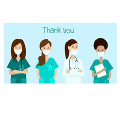 Female characters of doctors and nurses. A group of medical personnel standing together in the fight against COVID-19. Doctors and nurses in medical uniform and masks