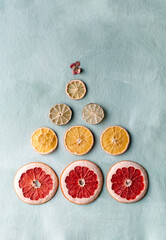 Dried citrus slices in the shape of a Christmas tree top view on a blue background. Christmas or New Year. Copy space.