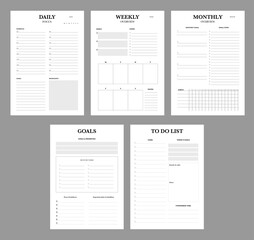 5 Set of minimalist planners. Daily, weekly, monthly planner and to do list template. Simple printable to do list. Business organizer page. Paper sheet. Realistic vector illustration.