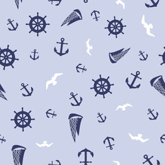 nautical seamless pattern, Anchors, Boat, steering wheel, on blue background