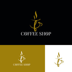 Initial f letter on cup coffee concept logo for coffee shop and store, cafeteria brand template