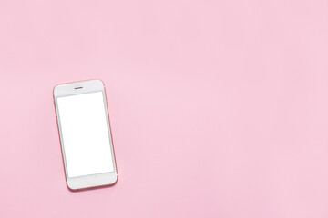 White smartphone mobile phone with white screen on pink background with copy space