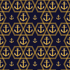 Vintage marine gold rope and Anchors seamless pattern