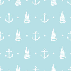 Vintage Marine seamless pattern Anchors, boat, star on blue background