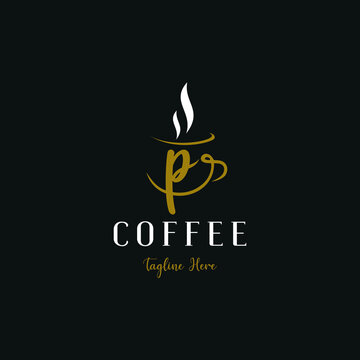 Initial p letter on cup coffee concept logo for coffee shop and store, cafeteria brand template