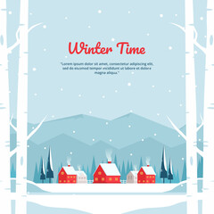 Vector illustration of Winter landscape with village in the mountains and Red houses, perfect for winter and year-end holiday background concept