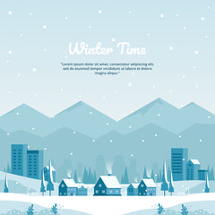 Vector illustration of winter landscape with city in mountains and flat buildings in blue, perfect for winter and year-end holiday background concept