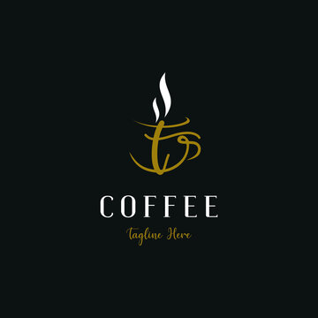 Initial t letter on cup coffee concept logo for coffee shop and store, cafeteria brand template