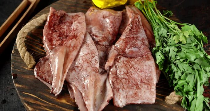 Raw squid on a wooden tray with greens. 