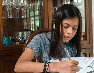 Teenager girl studying at home looking at notebook