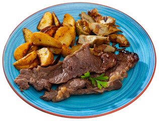 Beef steak with potatoes and artichokes. Isolated over white background