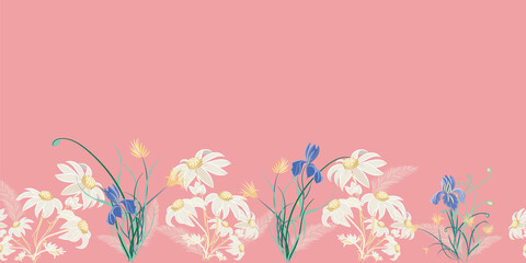 Pink border design flannel flowers and iris repeat pattern. Vector illustration on pink background
