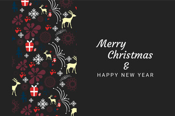 Obraz premium Christmas and New Year Greeting Card with Vintage Christmas seamless pattern and black background.
