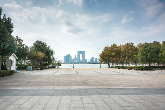 Cityscape Of Suzhou From Empty Brick Floor