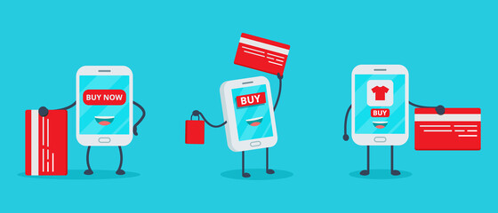 Set Smartphone online shop. Illustration vector graphic cartoon character of cute smartphone. Perfect for Ecommerce,sale, store web element. Illustration E-commerce Shopping Symbols.