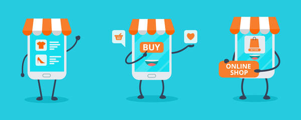 Set Smartphone online shop. Illustration vector graphic cartoon character of cute smartphone. Perfect for Ecommerce,sale, store web element. Illustration E-commerce Shopping Symbols.
