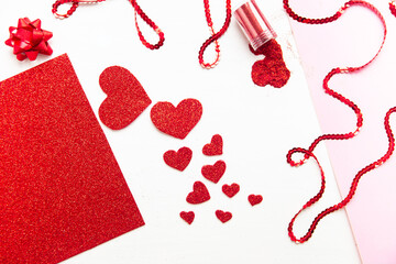 Hand made Red hearts on white background. Valentines Day flat lay