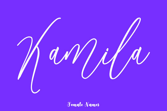Kamila.-Female Name Cursive Calligraphy White Color Text On Purple Background