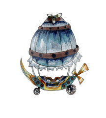 Watercolor drawing of a fantastic airship. Illustration of A flying machine in the steampunk style. Hand-drawn. Isolated on a white background. Air transport of the 19th century © Nadine.de.trevile