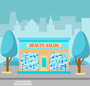 Vector illustration of a beauty salon. illustration of the exterior facade of the store building in the city. The facade of a beauty shop. Vector illustration in flat style