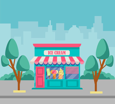 Vector illustration of an ice cream store. illustration of the exterior facade of the store building in the city. Facade of  sweet shop. Vector illustration in flat style