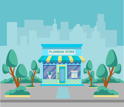 Vector illustration of a plumbing store. illustration of the exterior facade of the store building in the city. The facade of a  plumbing shop. Vector illustration in flat style