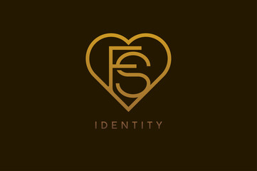 Abstract initials F and S logo, gold colour line style heart and letter combination, usable for brand, card and invitation, logo design template element,vector illustration