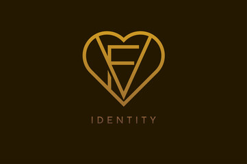Abstract initials F and V logo, gold colour line style heart and letter combination, usable for brand, card and invitation, logo design template element,vector illustration