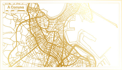 A Coruna Spain City Map in Retro Style in Golden Color. Outline Map. Vector Illustration.