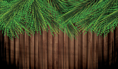 Fir Branches on Wooden Background. Pine Sprigs on Above. Christmas and New Year Decoration.