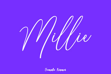 Fototapeta na wymiar Millie-Female Name Cursive Calligraphy Text On Purple Background